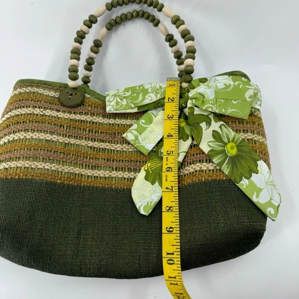 Unbranded Green/Tan Striped Tote with Beaded Handle‎ with Bow Detail